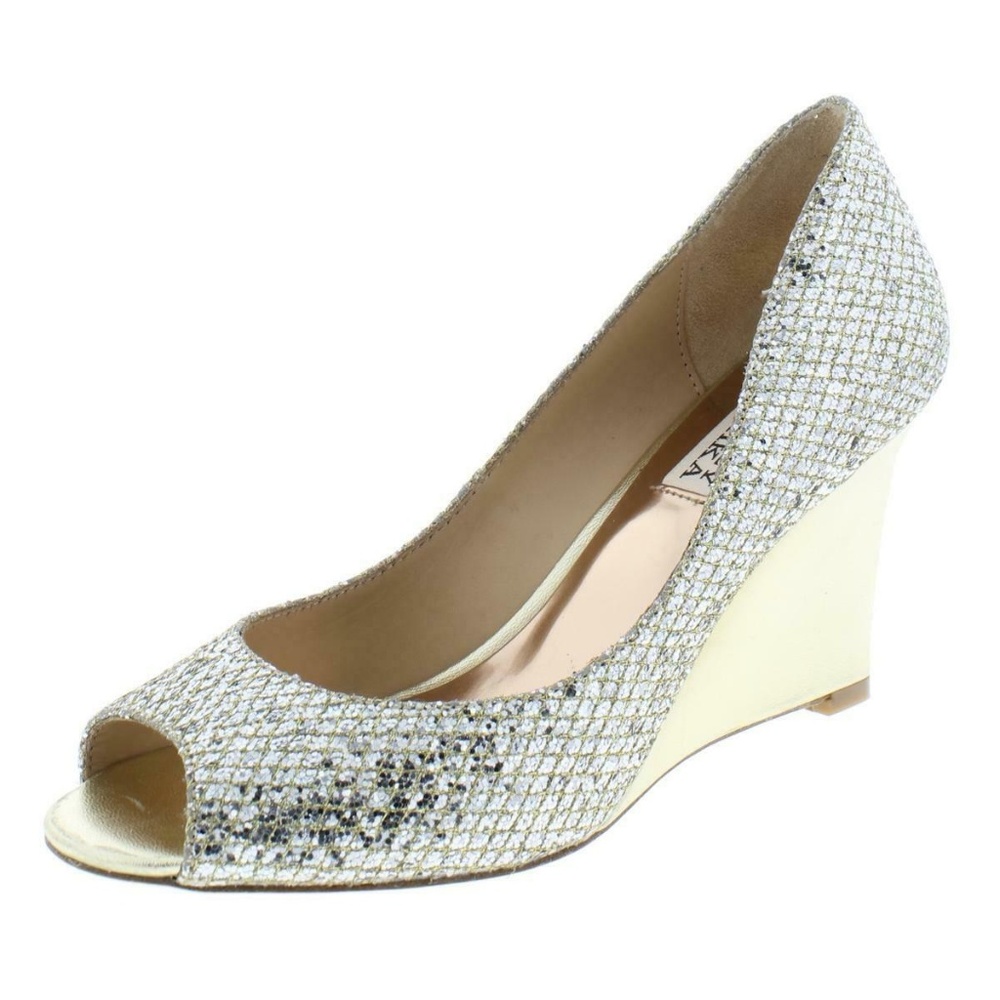 BADGLEY MISCHKA Awake Glitter Peep Toe Wedge Pumps